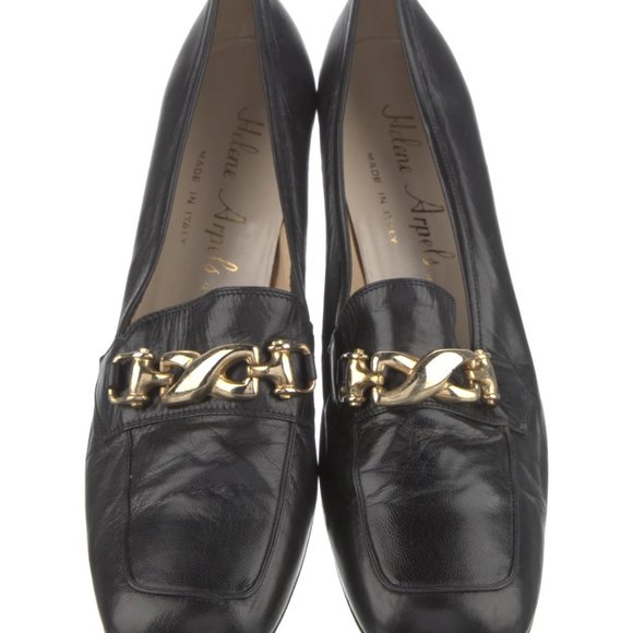 HELENE ARPELS (AS IN VAN CLEEF ARPELS) BLACK LEATHER SHOES W/GOLD CHAIN, SIZE-8 - Picture 3 of 5